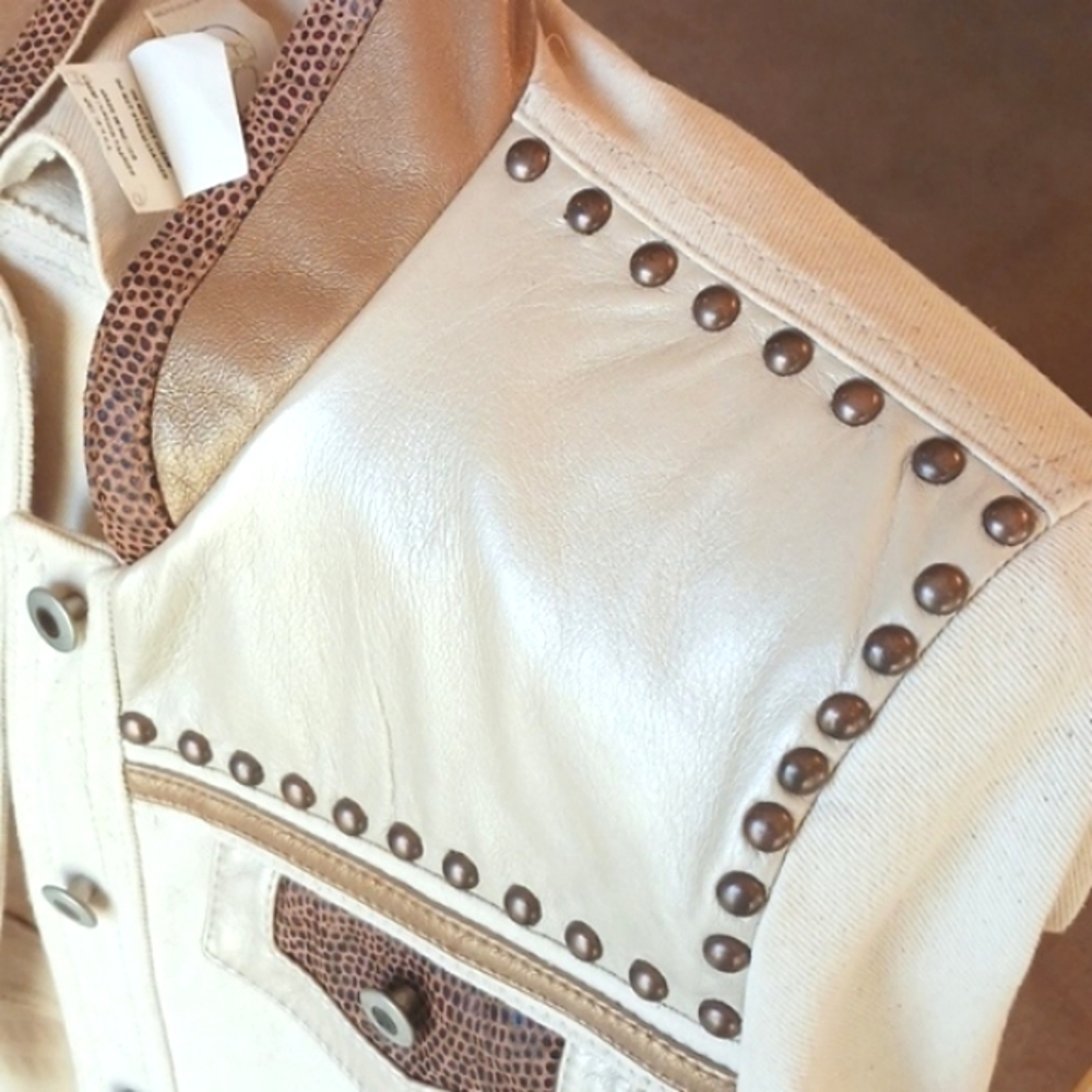 Vintage "Cache" Leather & Cream Cotton Denim Jacket, Metal Studs Detail "NEW" - Picture 2 of 15